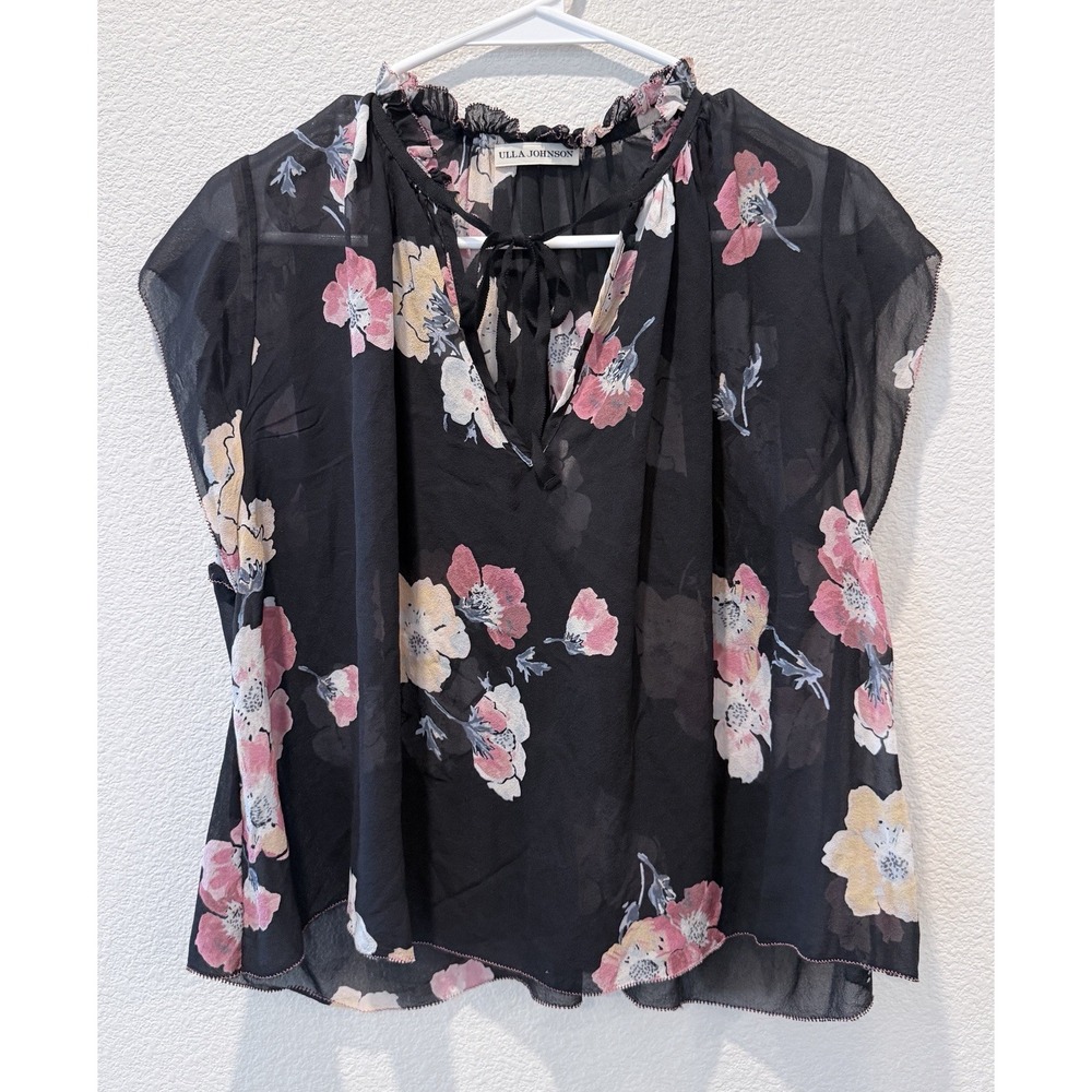Ulla Johnson 100% Silk Sheer Dark Floral Blouse Ruffle Tie Neck Garden Romantic
